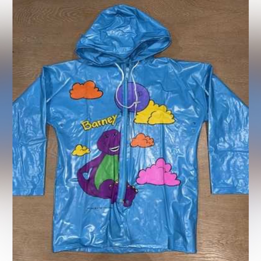Vintage Barney Blue Kids Raincoat with Colorful Clouds